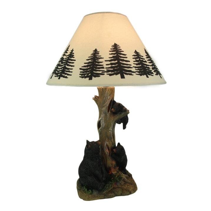 Black Bears Climbing Pine Tree Rustic Table Lamp With Nightlight Base - 20.5 X 13.5 X 13.5 inches