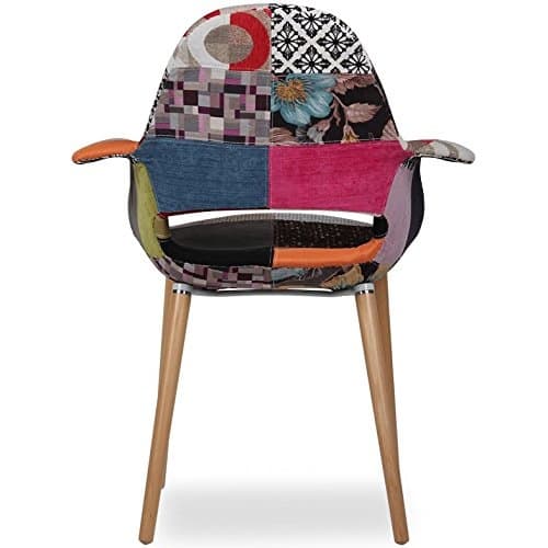 Set of 2 Fabric Patchwork Patterned High Back With Arms Accent Chairs Natural Leg Wood Dining Living Desk Designer Task