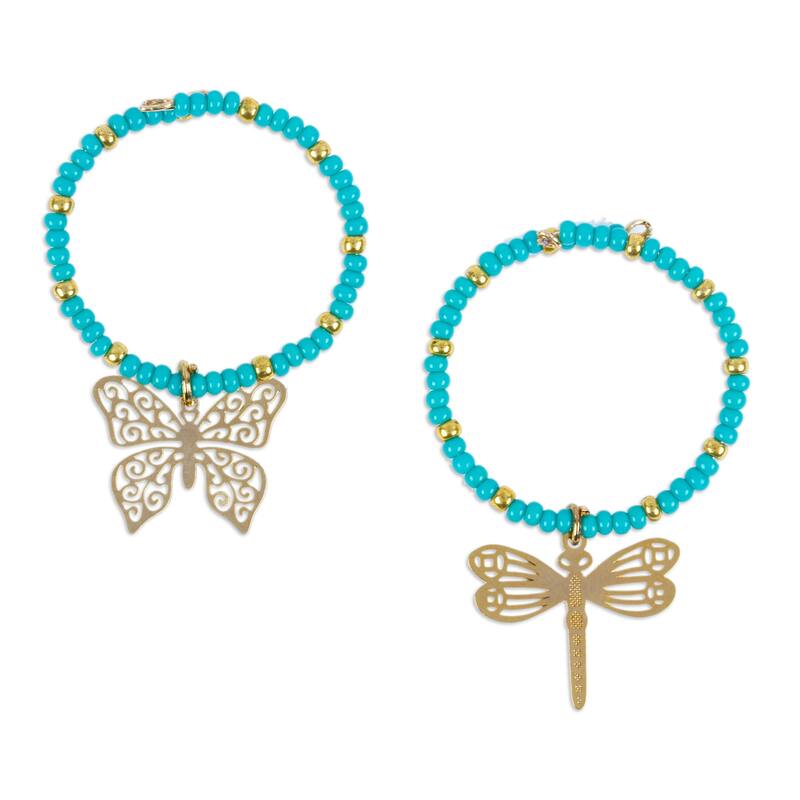 Novica Handmade Turquoise Flutter Gold-Accented Glass Beaded Drink Markers (Set Of 2)