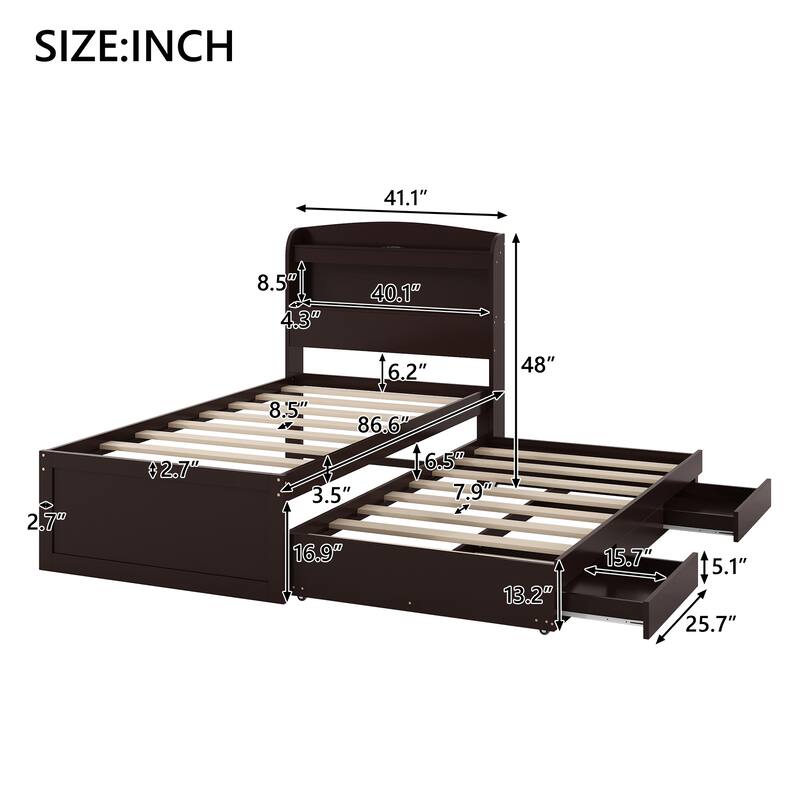 Twin XL Platform Bed with Storage, LED Headboard, Charging Station, Trundle, and Drawers, Dark Brown