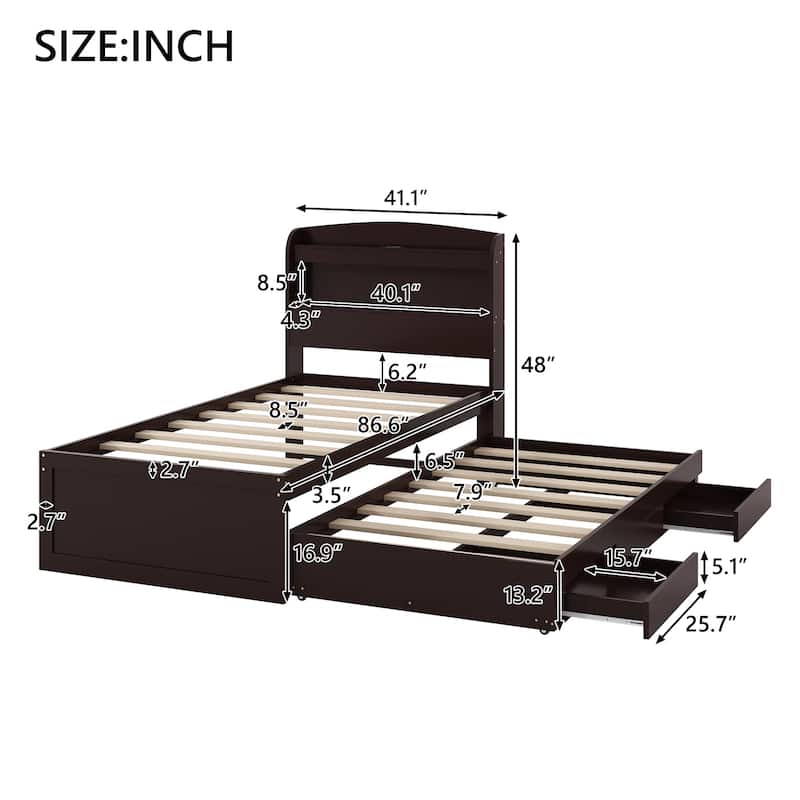 Twin XL Size Platform Bed with Drawers Storage LED Headboard and Charging Station