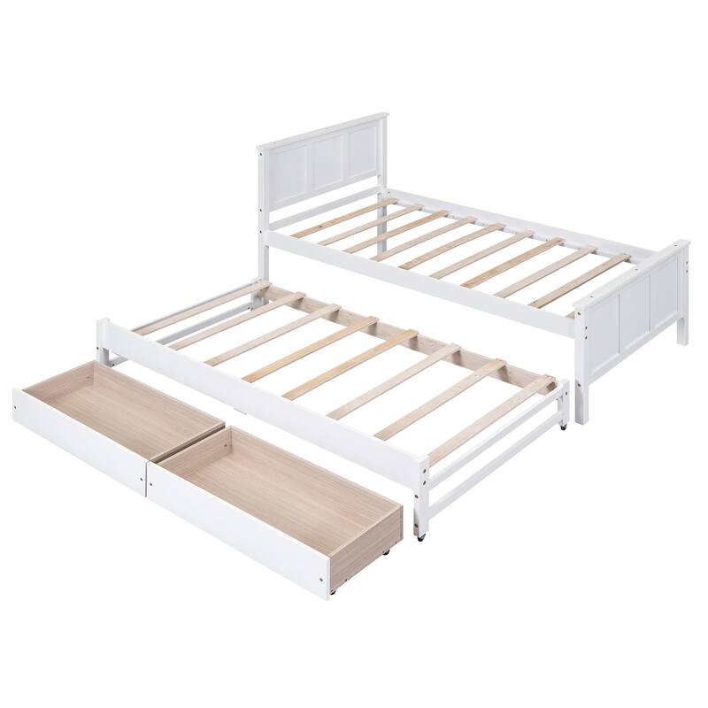 Twin Platform Bed with Trundle and Two Storage Drawers, Solid Pine Wood Frame, Space-Saving Design