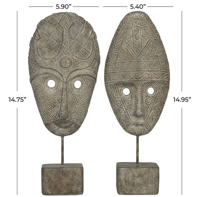 Polystone Mask Handmade Carved Decorative Sculpture - Set of 2 Gray - Roche River Decor