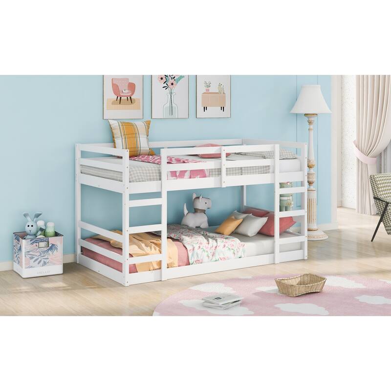 Twin Over Twin Bunk Bed with Ladder, White - Space-Saving, Solid Pine Construction