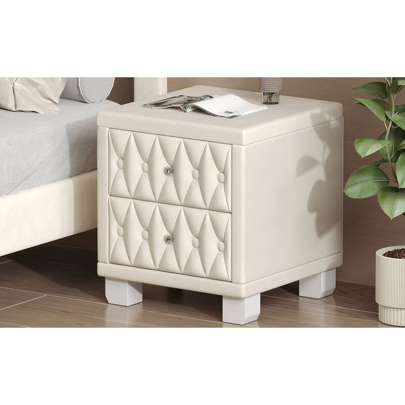 Elegant Velvet 2-Drawer Nightstand with Crystal Handles - Button-Tufted Storage Bedside Table (Beige)