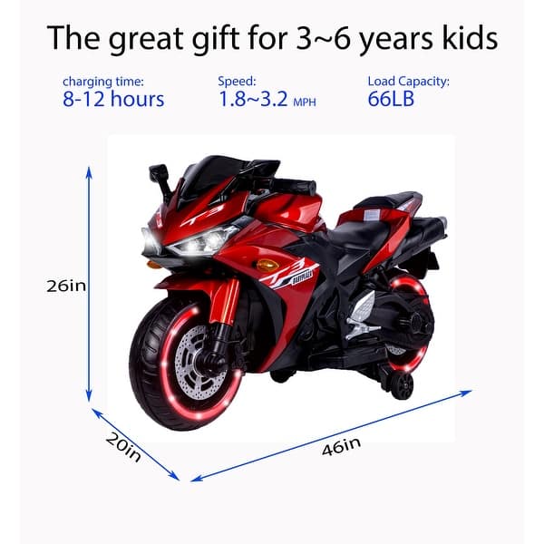 dimension image slide 2 of 5, Ride-On Electric Motorcycle for Kids, 12V Battery, Throttle Control, LED Wheels, and MP3, Ages 3+