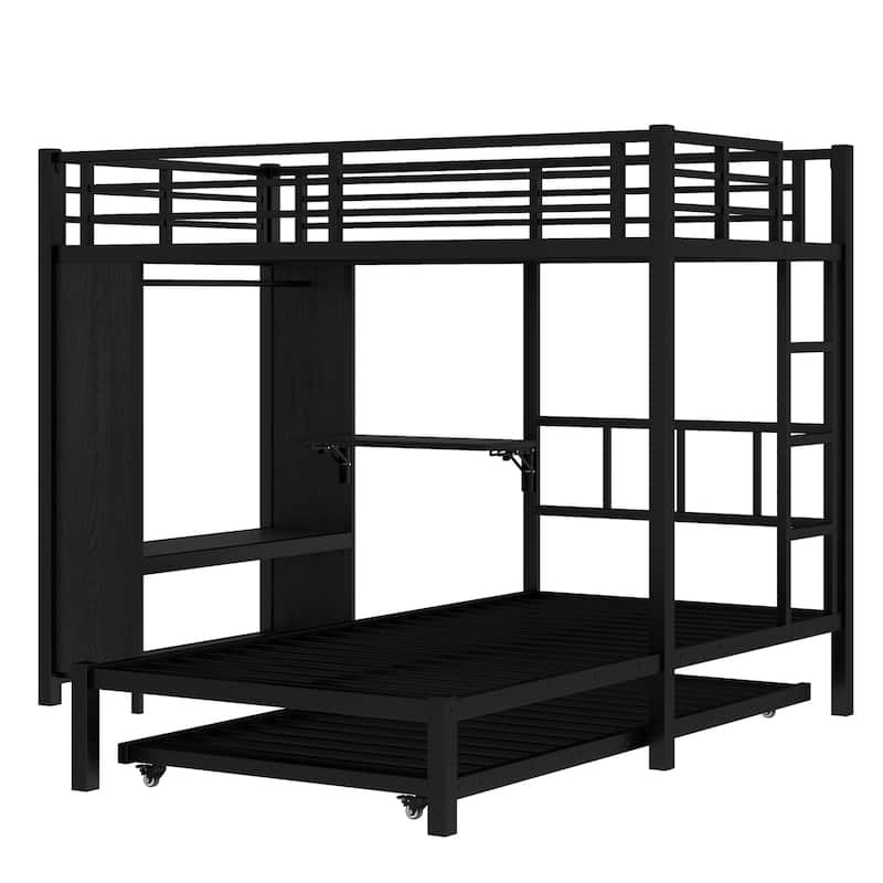 Twin Over Twin Bunk Bed With Built-In Wardrobe,Metal Bunk Bed With Trundle, Foldable Desk, Ladders, Noise-Reduced Design,Black