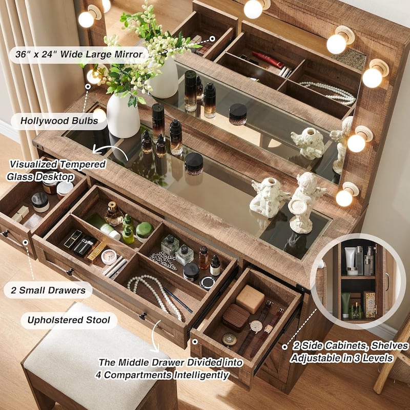 Farmhouse Vanity Desk with Mirror and Storage Space, Stool Included