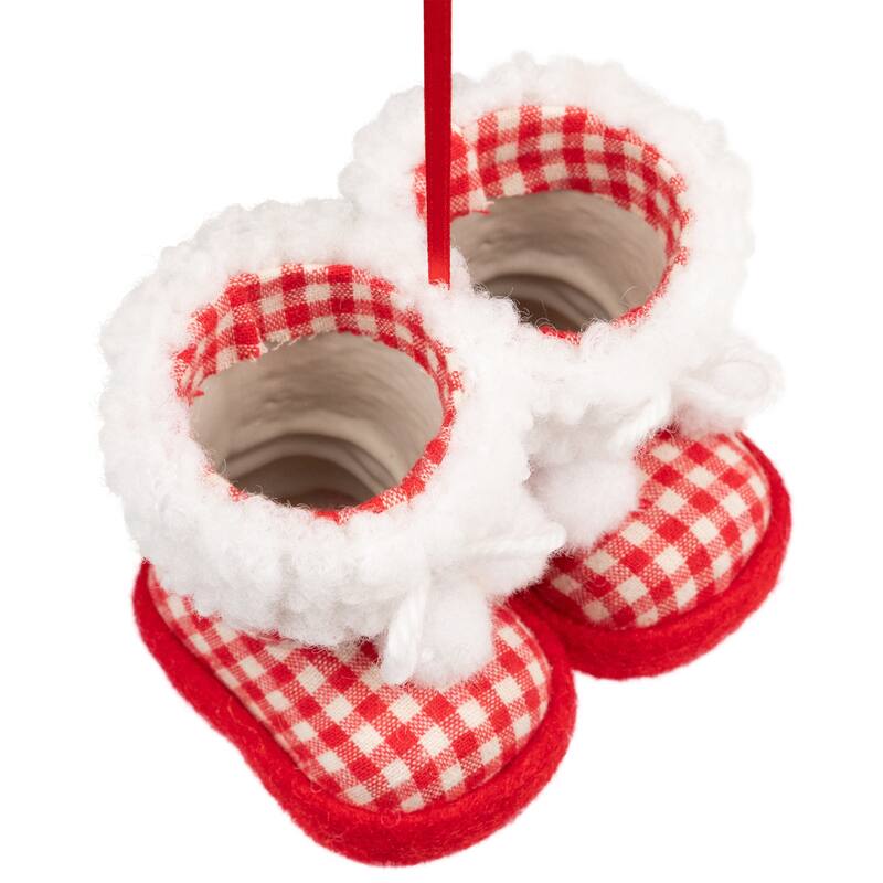 Checkered Baby Boots with Pom Poms Christmas Ornament - 4" - White and Red