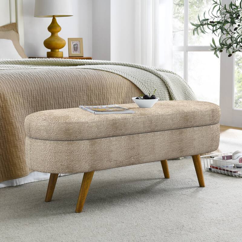 Roomfitters Oval Upholstered Storage Ottoman Bench with Rubber Wood Legs, Modern Entryway or Bedroom Seat
