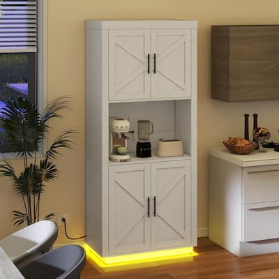 Moasis Farmhouse 71" Tall Kitchen Pantry Cabinet with Lights & Charging Station
