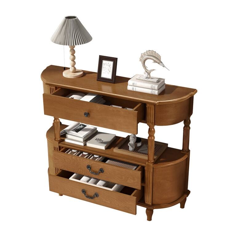 Retro 43" Curved Wood Console Table with 3 Drawers and Open Shelf, Sofa Table Behind Couch for Living Room and Hallway Storage
