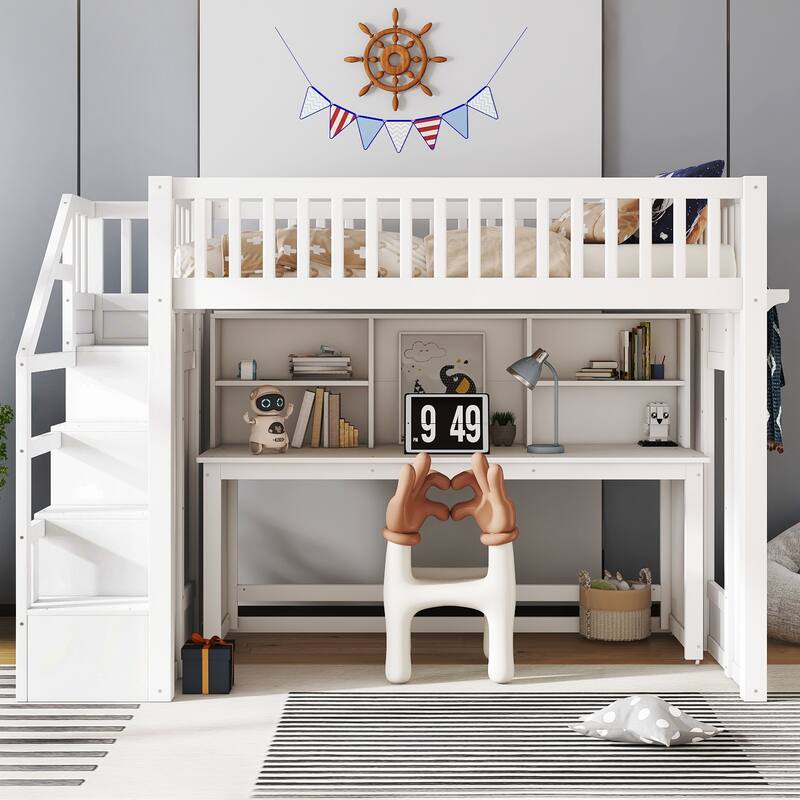 Twin Size loft bed with movable desk and storage shelf, featuring storage stairs