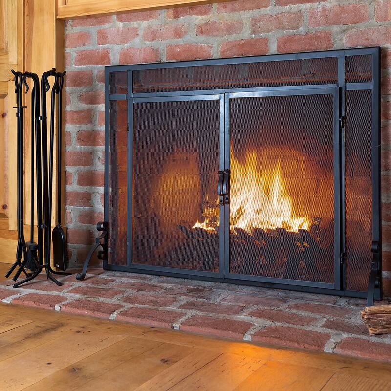 44" x 33" Flat Guard Fireplace Screen With Doors in Solid Steel