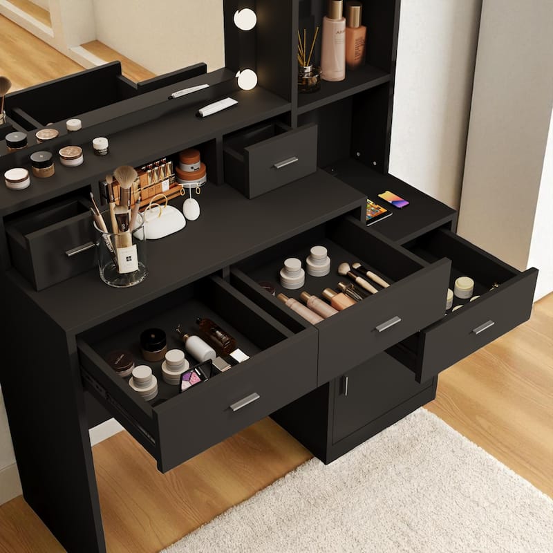 Makeup Vanity Table with LED Mirror, USB Ports, Hair Dryer Holder, Storage Shelves, 4 Drawers & Cabinet for Bedroom