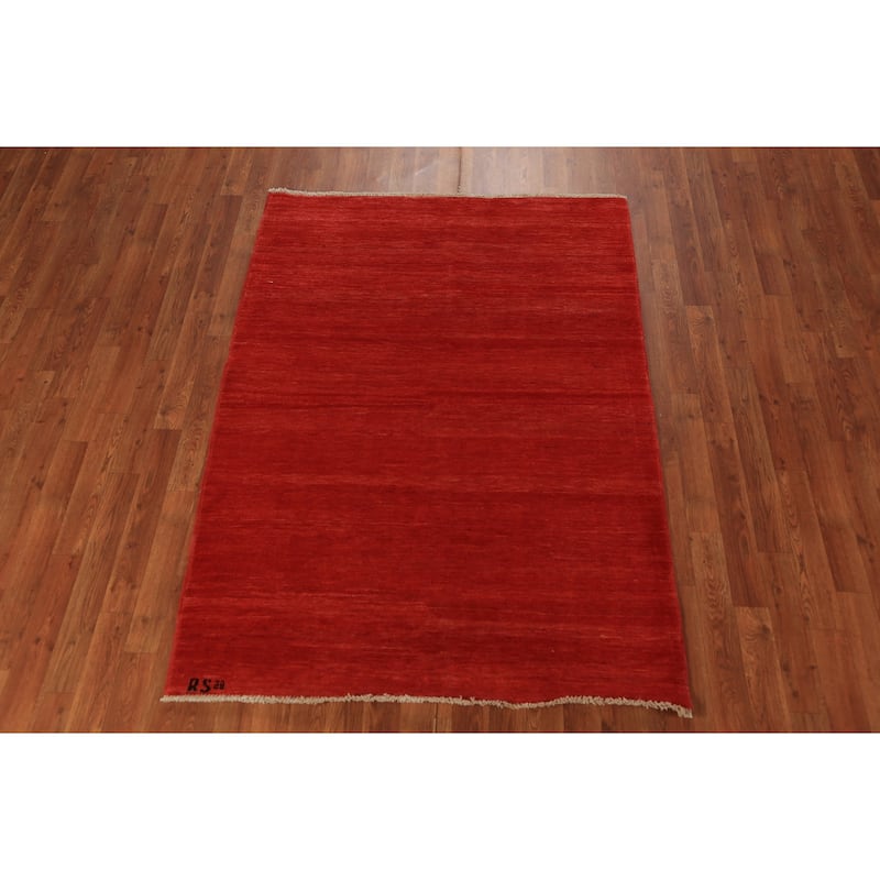 Gabbeh Modern Rug Hand-Knotted Stripe Red Wool Carpet - 4'0" x 5'9"