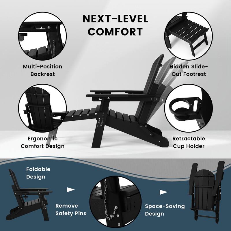 Laguna Outdoor 3-Piece Folding Adjustable Adirondack Chair with Hideaway Ottoman & Round Side Table