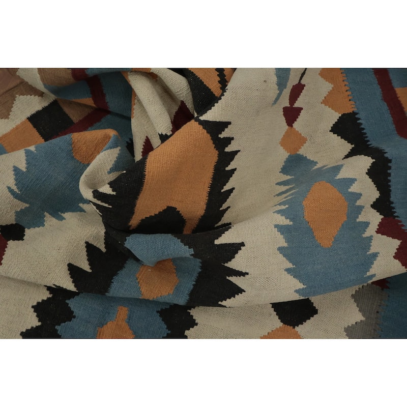 Hand Woven Oriental 100% Wool Carpet Southwestern Tribal Beige & Ivories Kilim Area Rug - 11' 10'' X 5' 2''
