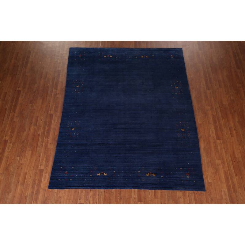 Royal Blue Striped Gabbeh Oriental Area Rug Handmade Silk Carpet - 7'8"x 9'5"