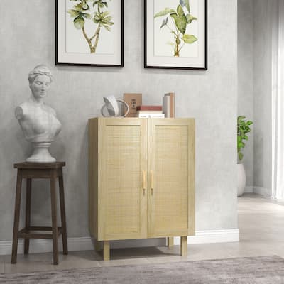 Natural Boho Sideboard with Woven Rattan Doors and Adjustable Shelves for Kitchen Living Room or Dining Room