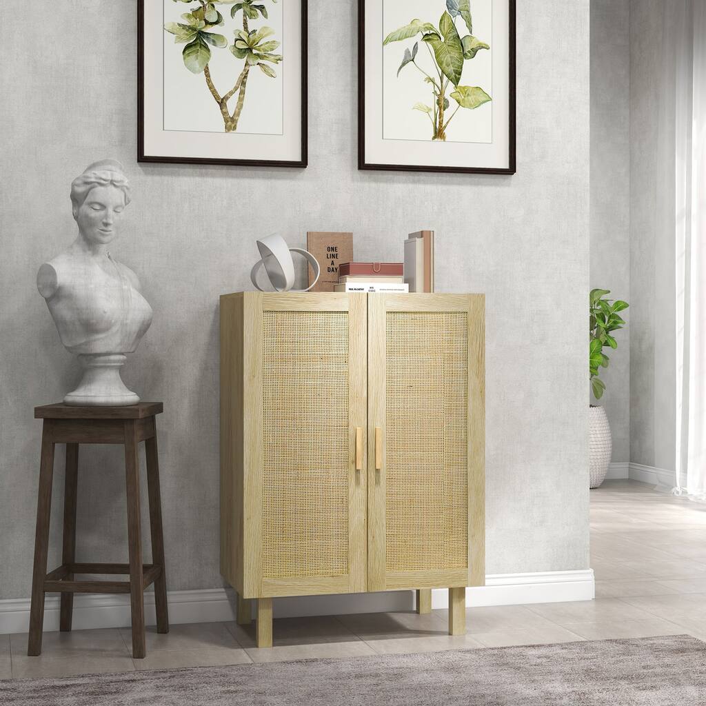 Natural Boho Sideboard with Woven Rattan Doors and Adjustable Shelves for Kitchen Living Room or Dining Room