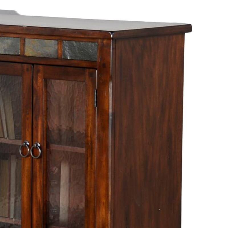 Odell Bookcase Cabinet, 4 Beehive Glass Doors, Slate Inlay Dark Brown