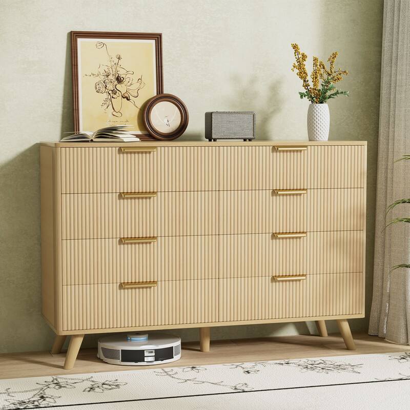 Gymojoy 8 Drawer Fluted Dresser for Bedroom, Modern Wave Pattern Wood Chest with Gold Handles, Boho Storage Dresser