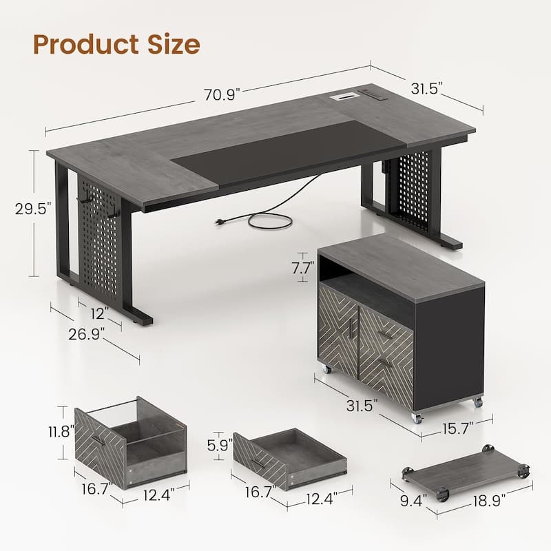 71" Executive Desk File Cabinet L Shaped Computer Desk Shelves