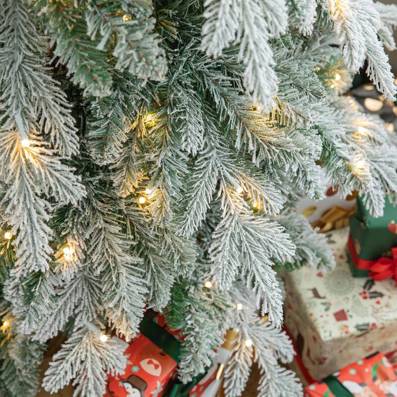 Glitzhome Pre-Lit Flocked Pencil Spruce Artificial Christmas Tree with Warm White Lights