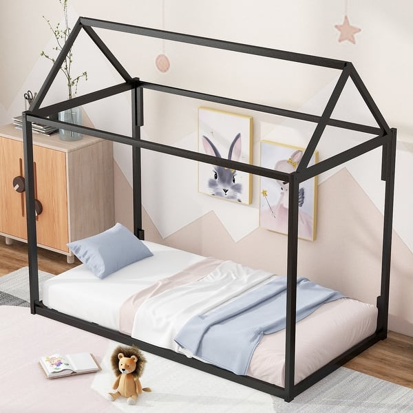 slide 2 of 9, Kids House Shaped Grounded Bed Twin Frame - Black Black - Twin