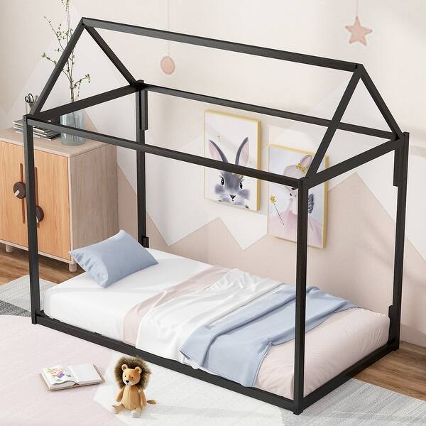 slide 2 of 9, Twin Size House Shape Kids Platform Bed, Metal Roof Floor Bed, Metal Platform Bed Frame for Child, No Box Spring Needed Black