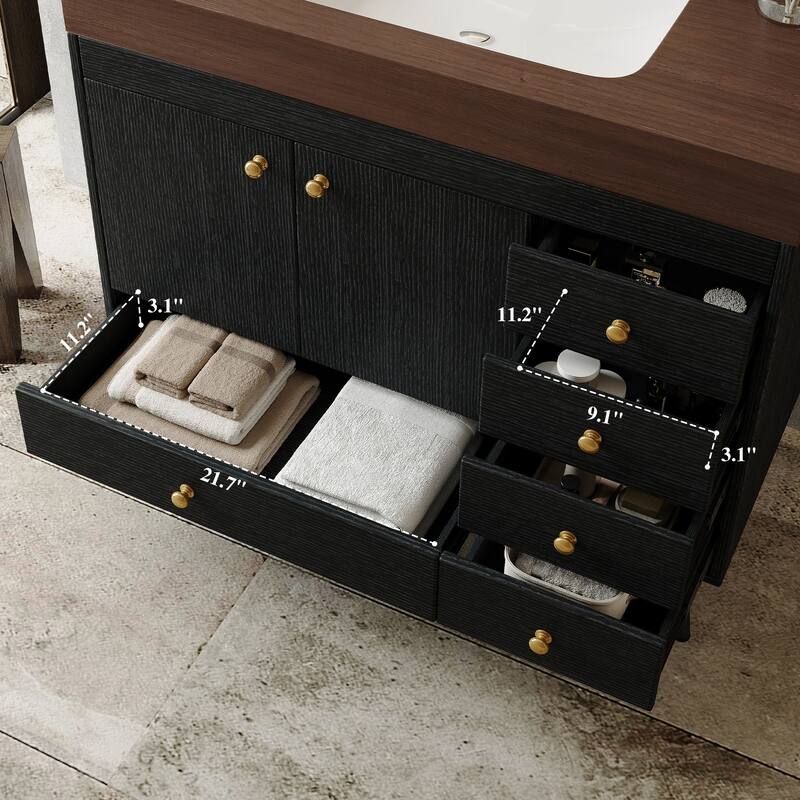 36" Freestanding Bathroom Vanity with Faux Marble Top, Ceramic Sink, 5 Drawers & Stainless Steel Legs