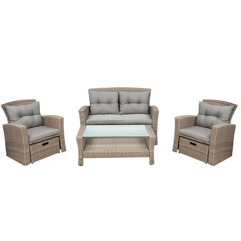 6-Piece Outdoor Patio Rattan Conversation Sofa Set with Tempered Glass Coffee Table and Ottoman