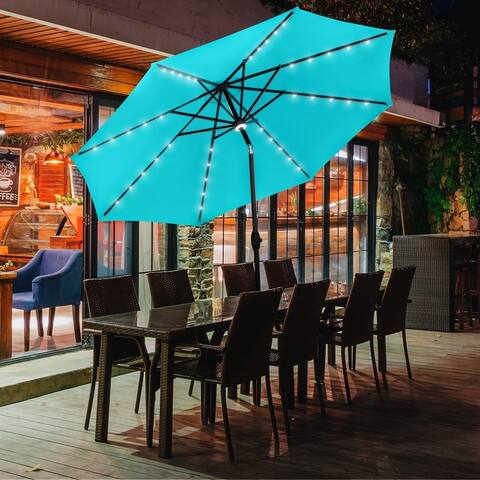 Zenova 10ft Outdoor Patio Solar Powered Aluminum Umbrella With Extra Centre Light, without Base