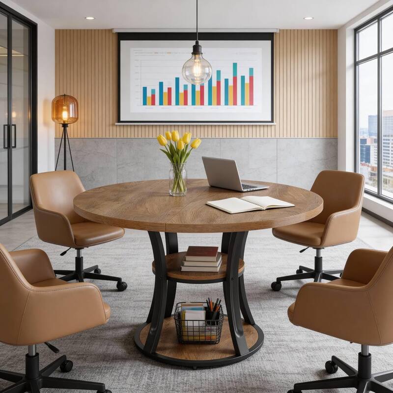 39.37 Inch Round Conference Table with 2-Tier Storage Shelf and Metal Base for 4 People - 39.37" D x 39.37" W x 29.53" H