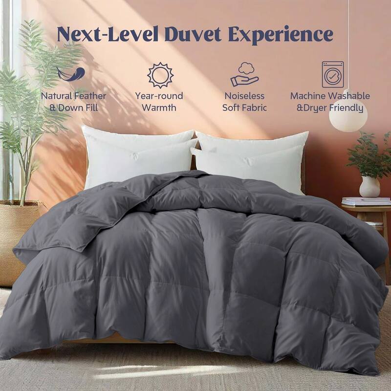 All Season Lightweight & Medium Weight White Goose Feather Down Comforter Duvet Insert - Full - Queen - Medium Weight Dark Gray