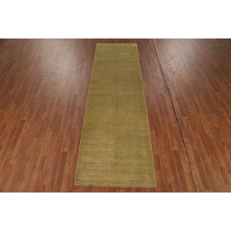 Green Gabbeh Modern Runner Rug Hand-Knotted Wool Carpet - 2'11"x 9'8"