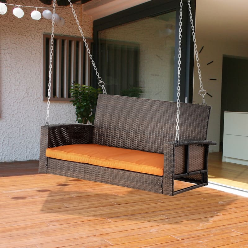 Outsunny 2 Person Wicker Hanging Swing Bench with Cushions for Backyard and Garden - Orange