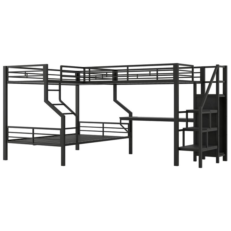 Roomfitters Twin Over Full L-Shaped Metal Bunk Bed with Integrated Desk and Storage Stairs, Heavy Duty Loft Frame, Black