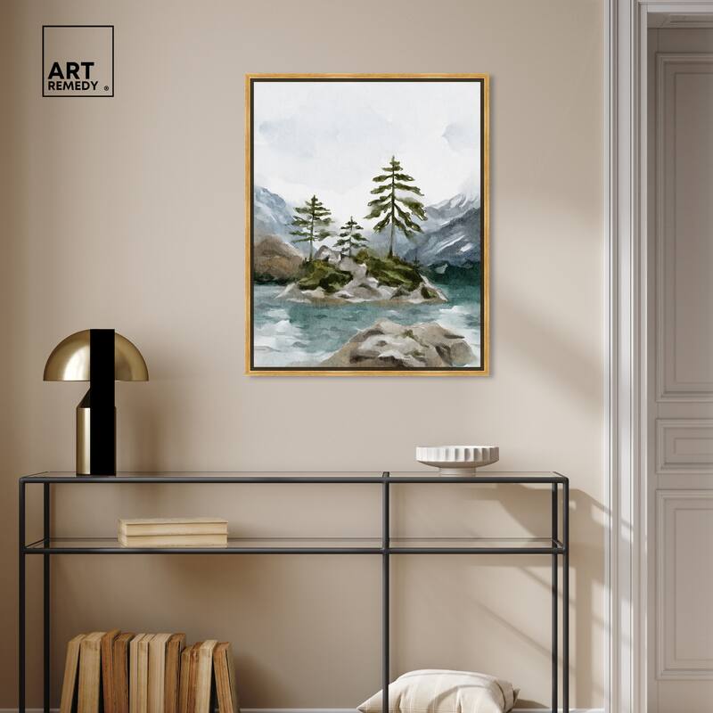 Art Remedy Cold Winter Lake Framed Landscape 1 Piece Canvas Wall Art Watercolor Style