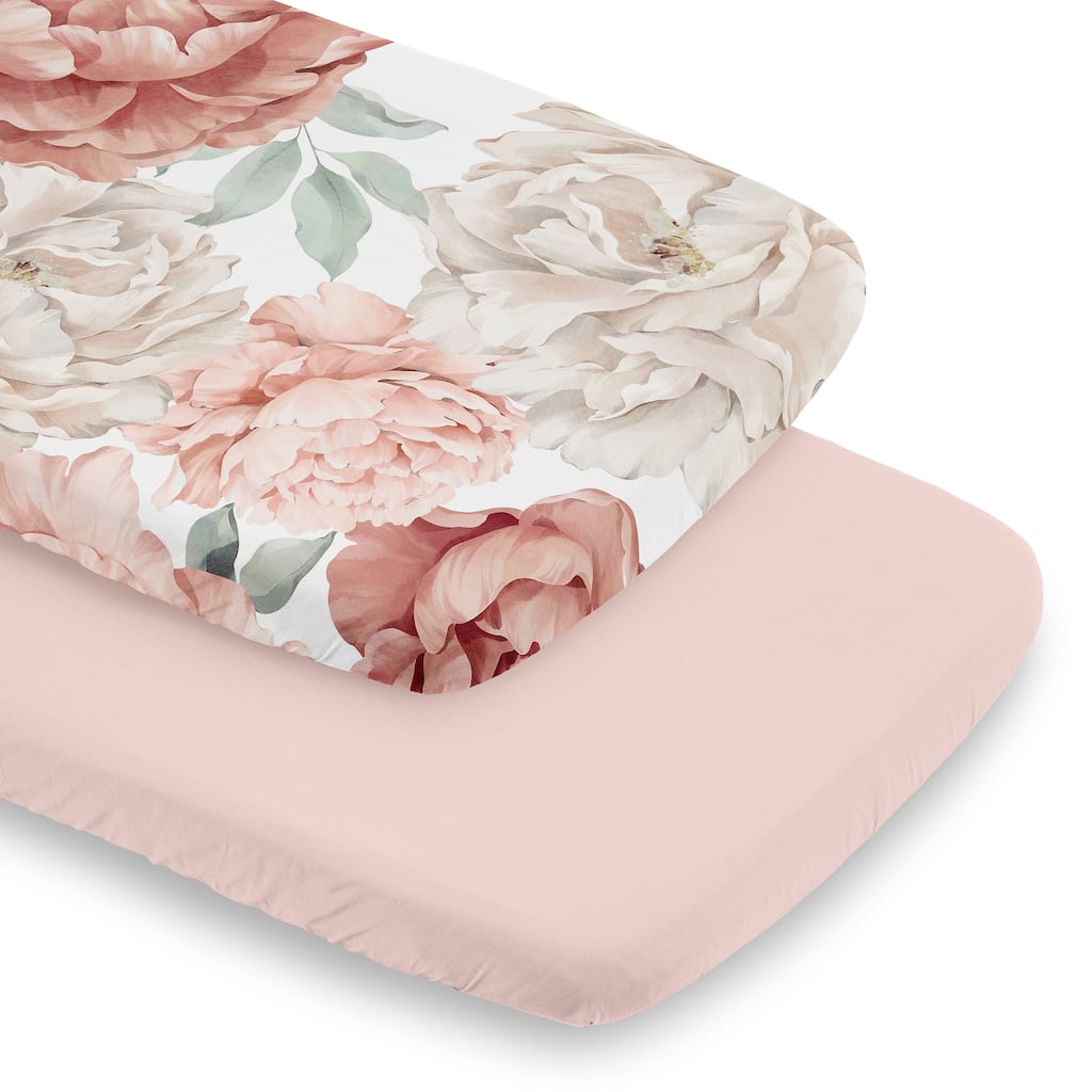 Sweet Jojo Designs Boho Shabby Chic Floral Girl 2 Pack Baby Bassinet Fitted Sheets Solid Pink Ivory Bohemian Vintage Watercolor