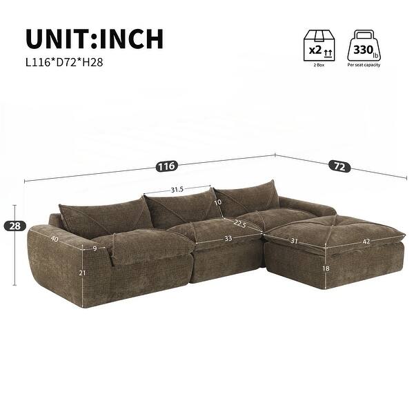 dimension image slide 1 of 3, 116 Inch Fully Compressed Sofa with High Density Foam