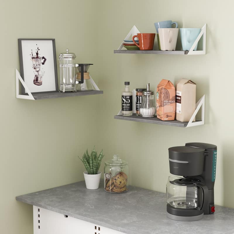 Wallniture Minori 17x6" Wood Wall Shelves with White Metal Brackets, Gray, Set of 3