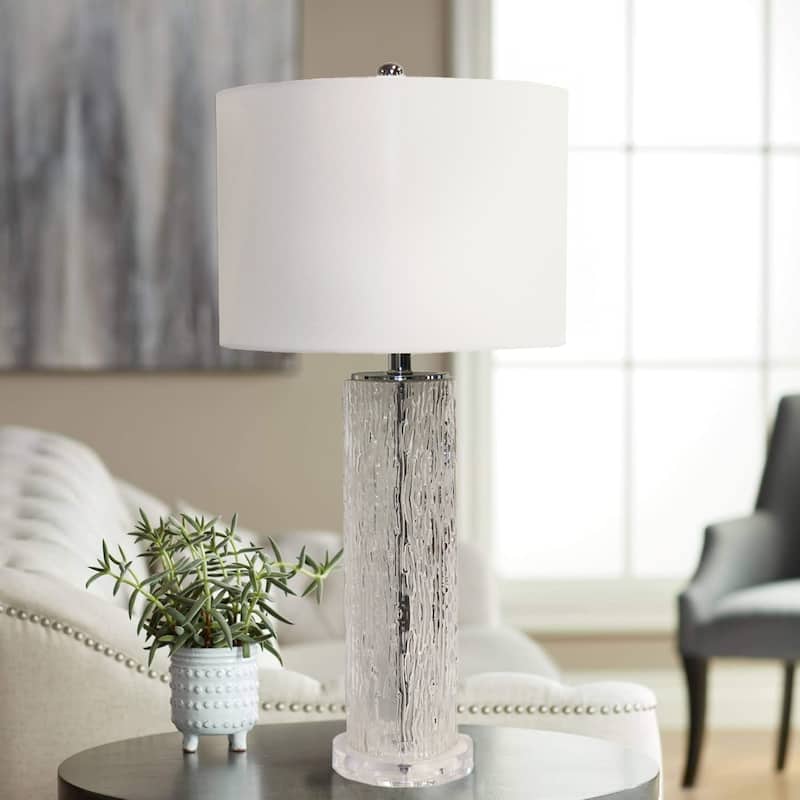 Pasargad Home Glacia Modern Textured Glass Table Lamp with Drum Shade - D14" x H29"