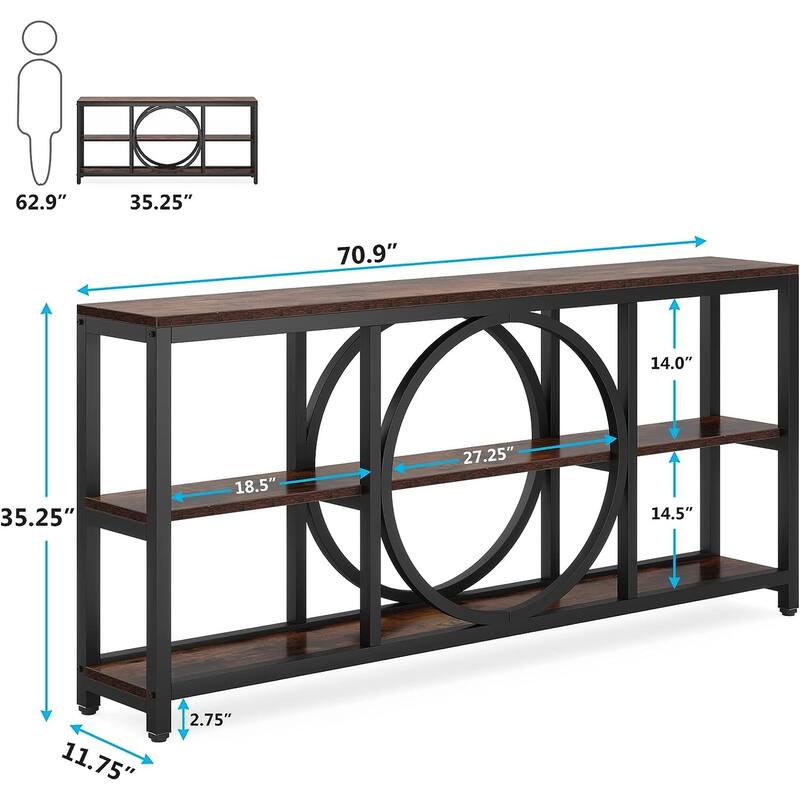 70.9 inch Extra Long Console Table with 3 Tier Wood Storage Shelves