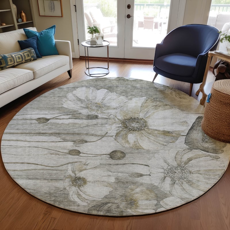 Machine Washable Indoor/ Outdoor Chantille Modern Floral Rug - Taupe - 8' x 8'