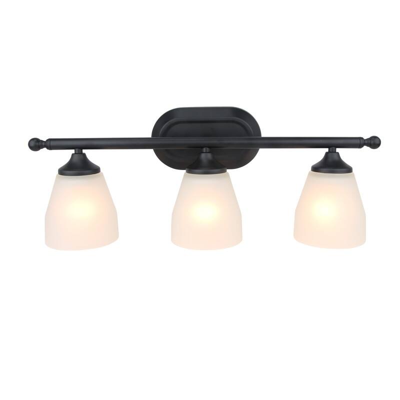 Jordan 3-Light Vanity Light in Matte Black Finish with Frosted White Glass Shades - 23 x 8.75 x 5.75