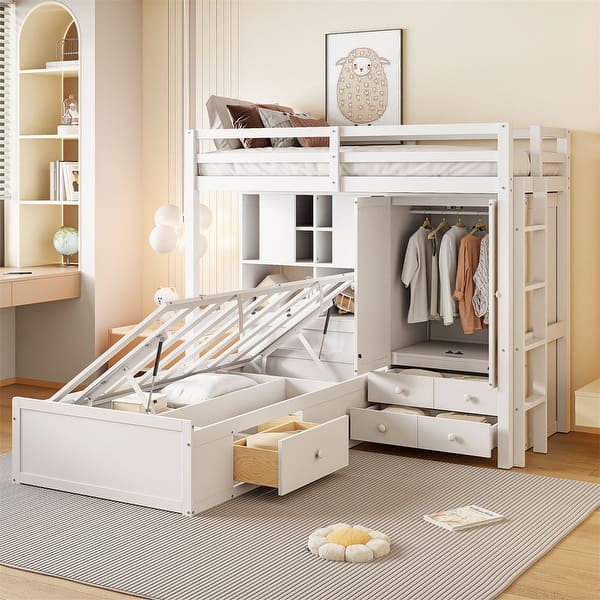 slide 2 of 30, Twin Over Twin L-Shaped Bunk Bed with Wardrobe and Bottom Lift Up Hydraulic Bed, Kids Bunk Bedframe w/ Storage Drawers & Shelves White