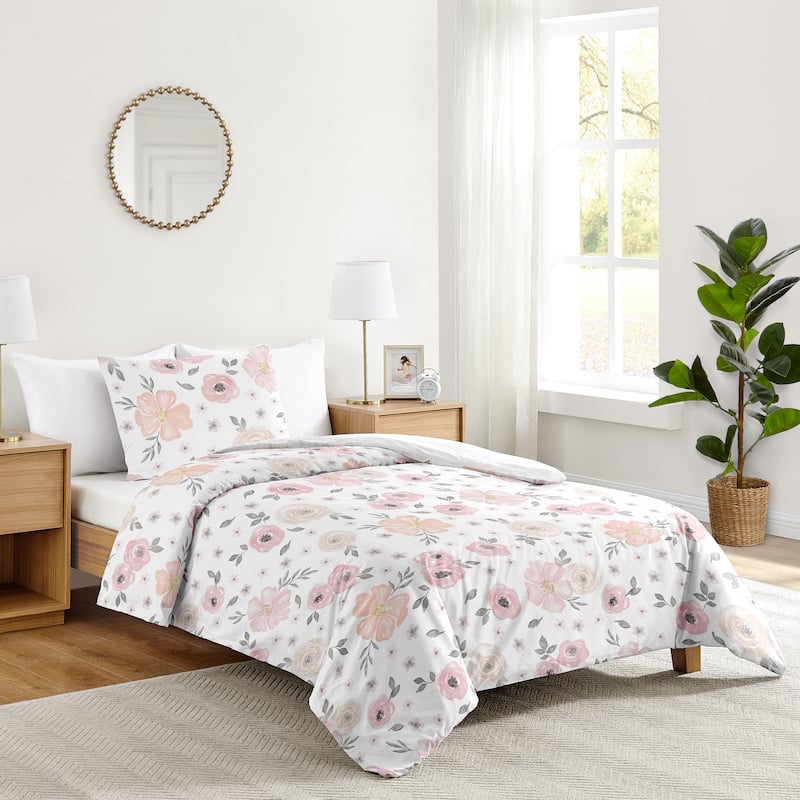 Pink Watercolor Floral Girl 2pc Twin-size Comforter Set - Blush Gray White Shabby Chic Rose Flower Grey Farmhouse Elegant
