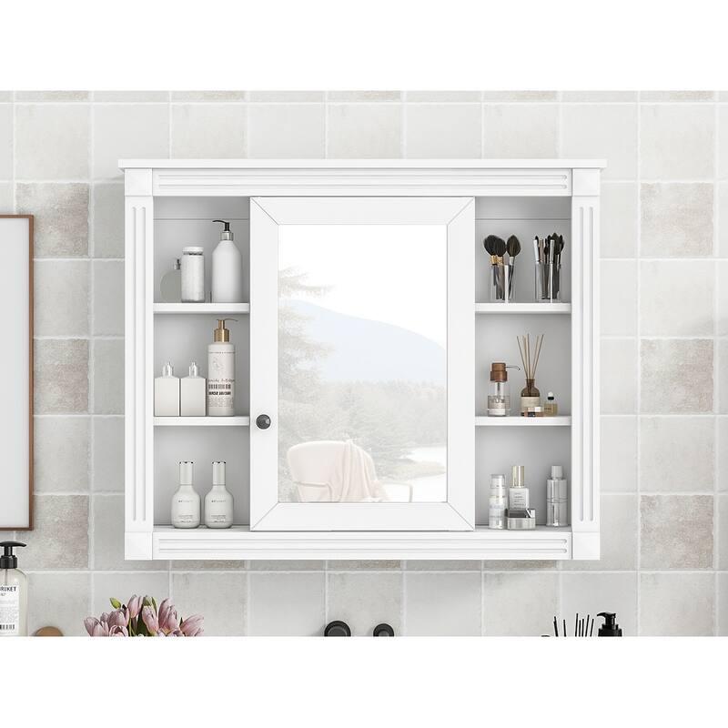 Anmytek 35 x 28 Inch Wall Mounted Bathroom Storage Cabinet with Mirror and 6 Open Shelves Medicine Cabinet